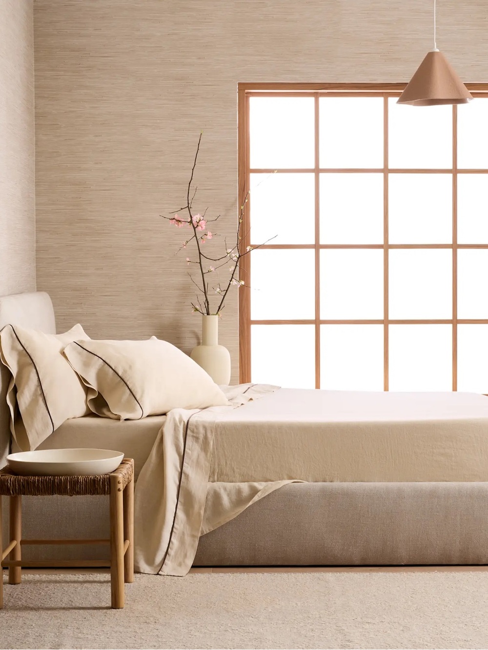New Quince European Linen Piped Sheet Set 4 pieces Queen Oat/Espresso MSRP $174